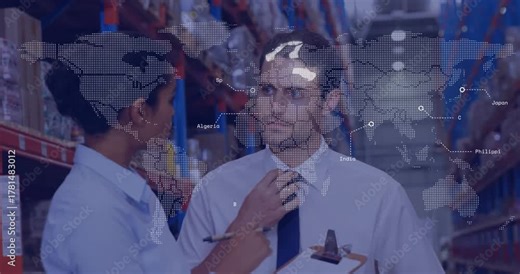 Woman pointing at clipboard initiating animated map showing logistics routes over warehouse racks