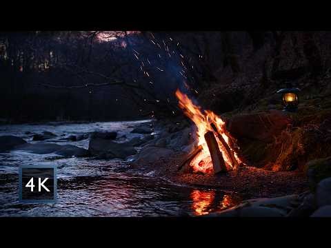 Campfire by the River at Purple Twilight — Calm Evening into Darkness (4K)