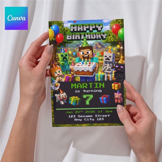 Minecraft Birthday Invitation Template, Gamer Party Card, Editable Canva, Pixel Block Game Theme, Printable Kids Invite, Instant Download - Etsy Australia