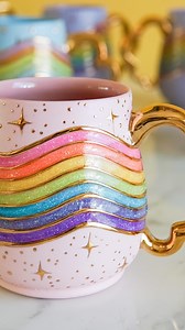 56K views · 204K reactions | How I make a pink rainbow glitter inlay mug from start to finish! 勺✨ Every piece I make is meticulously crafted from custom blended porcelain, glaze, and glitter! Adorned with real 22kt gold! These pieces are truly a labor of love and I LOVE to make them! #ceramics #processart #glitterinlay #rainbowart #dopaminedecor #mixedmedia #ceramicartist | Silver Lining Ceramics | Facebook