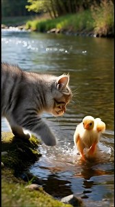 Cat and Chick’s Cute Riverbank Playtime 🐱🐥