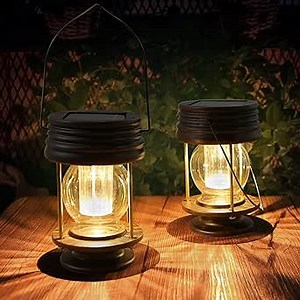 Solar Lanterns Outdoor - 2 Pack Hanging Solar Lights for Outside, Waterproof Outdoor Garden Lanterns Lamp Vintage Design for Landscape Yard Pathway Beach Pavilion Table Decoration (Warm Lights)