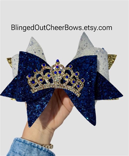 Navy, Gold and White Cheer Bow With Crown//original Triple Threat Bow//large 7” Navy Cheer Bow// - Etsy