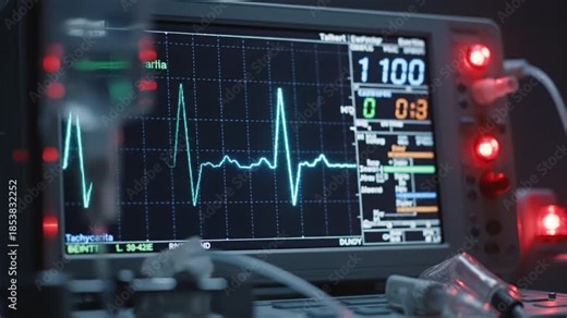 Electrocardiogram monitor displaying heart waveform on hospital bedside monitor with medical tubing IV drip and emergency alarm lights conveying clinical urgency and ventricular tachycardia alert