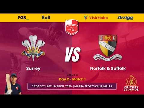 Surrey vs Norfolk & Suffolk | Day 2 - Match 3 | Malta Seniors Cricket Festival 2026