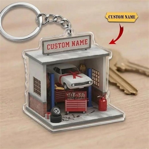 Custom Garage Keychain with Car Lift, 2D Flat Acrylic Keychain, Personalized Name Mechanic Gift, Car Lover Keyring, Auto Shop Gift