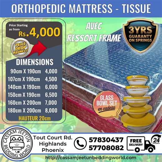 ✨ La promotion continue en ce début de Nouvelle Année 2026 chez Cassam Jeetun Bedding World ! ✨ C’est le moment idéal pour commencer l’année avec un confort absolu 🛏️ Profitez de prix promotionnels exceptionnels sur toute notre gamme de matelas : ✔️ Orthopédiques ✔️ Full Frame Orthopédiques ✔️ Aloe Vera ✔️ Pocket Springs Memory Foam 🎁 Cadeau offert avec chaque achat : un set de bols en verre ou une chaise pliable (selon disponibilité) 🚚 Livraison gratuite dans toute l’île en 24h Offrez-vous u