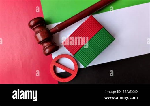 The cargo container ban on the UAE flag as a conceptual backdrop. The cargo container embargo Stock Video Footage - Alamy