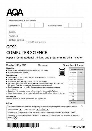 AQA GCSE Computer Science Paper 1 2025