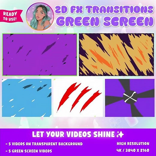 2D FX Transitions Green Screen Pack | Dynamic Cartoon Scratch & Wipe Motion Graphics