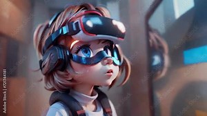 young girl wearing a vr set, virtual reality technological animated changing illustration, looping cartoon animation