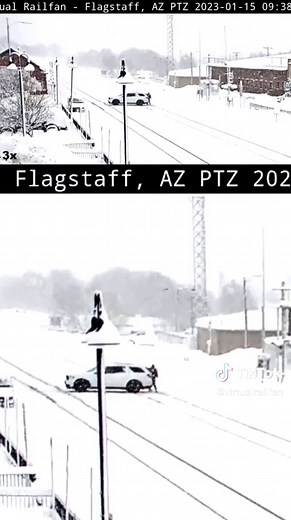 Flagstaff AZ, Car stuck on the track! Thankfully help comes to get the car off the tracks! #trains #flagstaffaz #railroads #snow #tracks #railfans