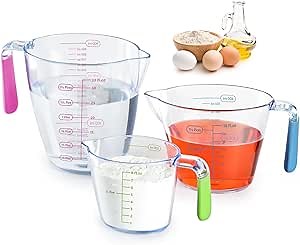 Measuring Cups Set, 3-Piece Clear Plastic Liquid Measuring Cups with OZ & ML Multiple Measurement Scale for Kitchen Cooking Baking, Essential Kitchen Tools