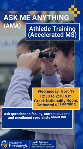 ✨Thinking about a future in Athletic Training? Hear from Enrollment Specialist Alice Miner as she highlights what distinguishes our Athletic Training (Accelerated MS) program at Pitt SHRS. Join us TOMORROW for Ask Me Anything: SHRS Program Edition, where we’re spotlighting the Athletic Training (Accelerated MS) program! 💬 Drop in to: Learn more about what makes the program unique. Hear from current students and faculty. Ask anything about the program, career paths or student life. 📍 Greek Nati