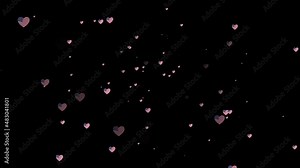 animation of the USA flag in the shape of a heart popping up randomly on a black background.