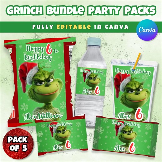 Grinch Birthday Party Favors Template, Editable Bundle (canva & PDF) - Etsy Australia