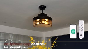 Orison 36 inch Retractable Ceiling Fan with Lights Remote Control, Black Ceiling Fans with Backlit Ambient Light Industrial Ceiling Fan with Lights for Living Room Bedroom Kitchen Patio,95811, R95811