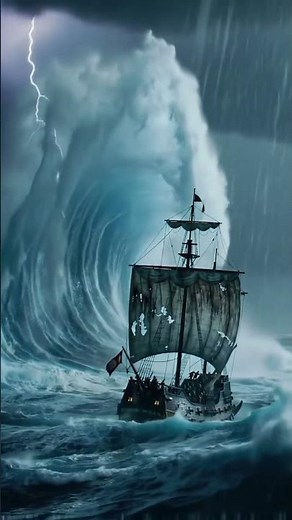 Epic Storm at Sea: Ship Faces Towering Wave and Furious Weather