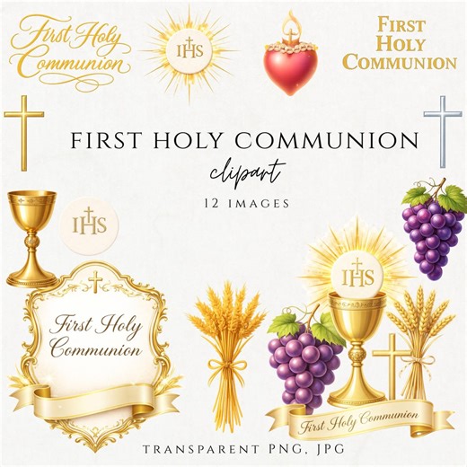 First Holy Communion Clipart Bundle, Catholic Eucharist Symbols, Chalice Host Cross Wheat Grapes, Gold Religious PNG - Etsy