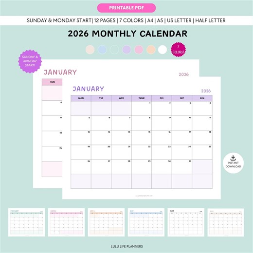 2026 Monthly Calendar Printable Year Planner Template, Landscape, 7 Colors, A4 / A5 / Letter / Half Letter, Sunday and Monday Start - Etsy