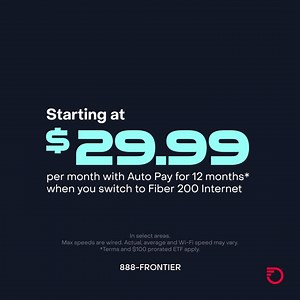 Switch now to Frontier Fiber 200 starting at $29.99/mo. In select areas. | Frontier Internet