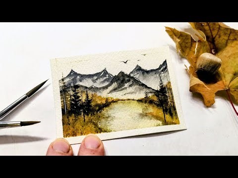 How to paint an autumn mountain landscape » Fall watercolor painting tutorial for beginners