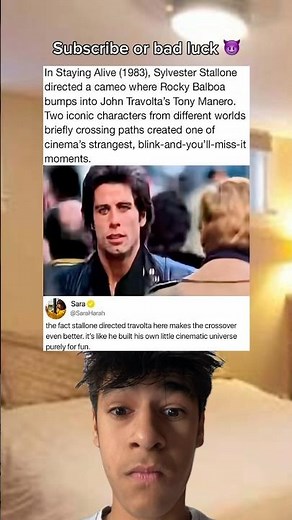 In Staying Alive (1983), Sylvester Stallone directed a cameo where Rocky Balboa bumps into John.