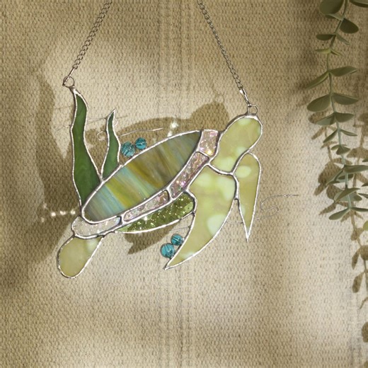 Sea Turtle Stained Glass Suncatcher, Handmade Turtle Window Hanging, Green Glass Ocean Decor - Etsy