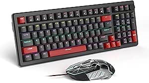 Mechanical Gaming Keyboard and Mouse, MageGee STAR98 Rainbow LED Backlit Wired Keyboards with Red Switches, 7-Color Breathing PC Gaming Mouse for Computer, Windows, Laptop (Black)