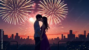 couple kissing each other against the backdrop of fireworks