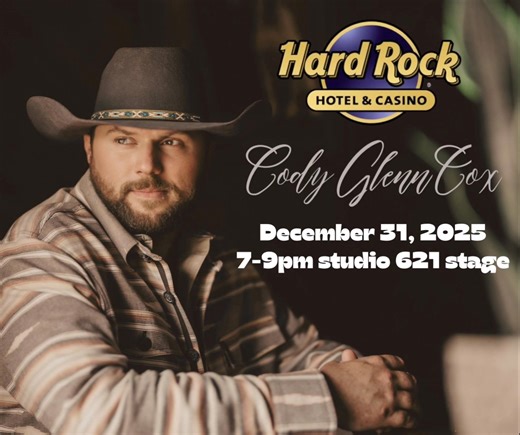 🎉 New Year's Eve with Cody Glenn Cox! 🎉 Ring in 2026 with a night of unforgettable country music! 🎶 Join us at the Hard Rock Casino in Bristol, VA, for an amazing live performance by Cody Glenn Cox, the recent winner of Country Male Vocalist of the Year! 🏆 📅 Date: New Year’s Eve, December 31st 🕖 Time: 7:00 PM – 9:00 PM 📍 Location: Hard Rock Casino, Bristol, VA Cody Glenn Cox has been taking the country music scene by storm with his powerhouse vocals and heartland sound. Known for his auth