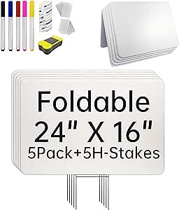 24 x 16in Foldable Blank Yard Sign with Stakes,5 Pack Corrugated Plastic Sheet for Indoor and Outdoor Use, for Happy Birthday,Garage Sale Signs, Rent, Guidepost Decorations, Blank Lawn Signs