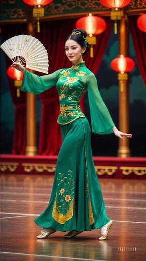 Dancing A.I.: Elegant Chinese Female Dancer on a Grand Stage with Green Cheongsam and Silk Fans