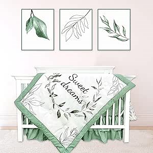 Green Leaf Crib Bedding Set, 4-Piece Baby Boy Bedding Set, Neutral Nursery Bedding Set, Fitted Crib Sheet, Crib Skirt, Baby Quilt, and Diaper Stacker, Sage