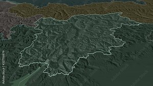 Trentino-Alto Adige, autonomous region with its capital, zoomed and extruded on the administrative map of Italy in the conformal Stereographic projection. Animation 3D