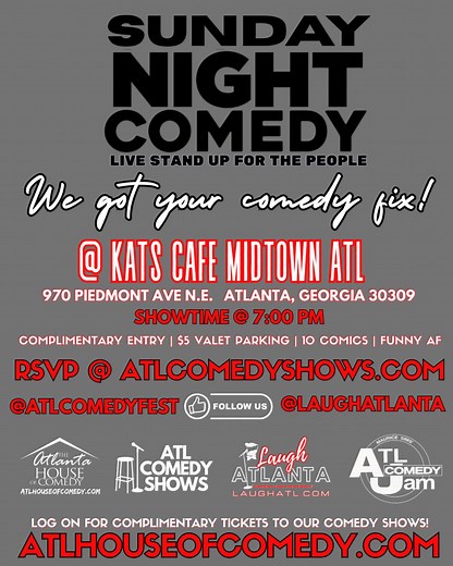 Open Mic Comedy @katscafe is 🔥 🎤 The Certified Funny Comedy Show🎤 Mark your calendar 🗓️ The funny begins on Sunday November 16th, 2025. Each & every Sunday @katscafe 970 Piedmont Ave. ATL GA 30309 Showtime @ 7:00 PM. Starring open mic, local & national touring comedians. Also featuring, tomorrow’s comedic superstar’s, today! Complimentary entry & $5 valet parking on Sundays (Ride share #uber #lyft is highly suggested) Get there early for good seats! 21 . 👌🏿 Secure your complimentary ticket