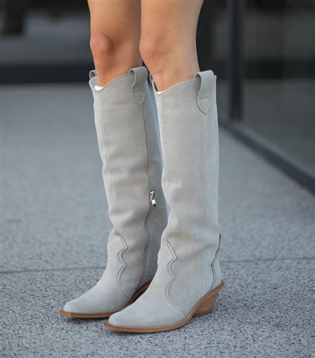 Beige Suede Cowboy Knee High Boots for Women With 8 Cm Heel, Western Tall Boots, Elegant Beige Suede Cowboy Boots - Etsy