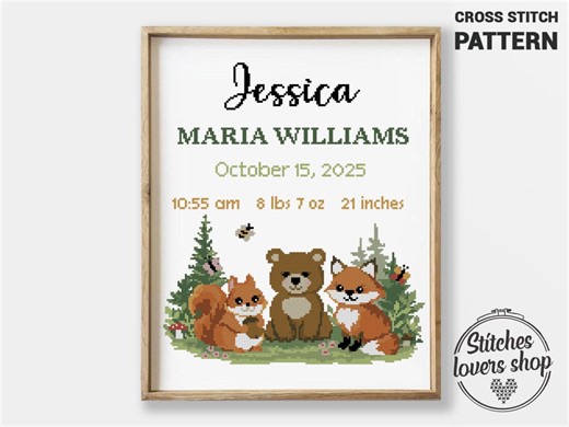 Forest Animal Cross Stitch Pattern Birth Announcement (PDF Chart) - Etsy