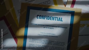 Manila file folder labeled confidential stacked on top of other classified files. Pile of various top secret folders and documents laid out on desk. Window shadow in dark office. Mystery and secrecy