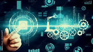 Futuristic industry 4.0 and inventive mechanized engineering concept with graphic user interface showing automation design, robot operation, usage of machine deep learning for future manufacturing.