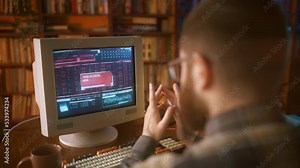 Oldschool hacker uploading viruses, malware, breaking into retro computer system Stock Video