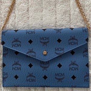 Authentic MCM Blue Monogram Envelope Pouch Clutch with Gold Chain