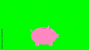The robot saves coins in the pink piggy bank. The robot hand places a gold coin in the pink piggy bank. AI. Automatic investment or saving. AI, money saving. 2d flat animation. Alpha channel