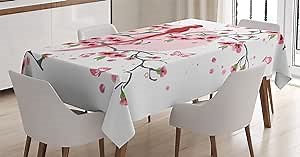 Ambesonne Japanese Tablecloth, Mythical Long Lived Phoenix Bird on Floral Sakura Branch Looking Back Artwork, Rectangular Table Cover for Dining Room Kitchen Decor, 60" X 84", Pink