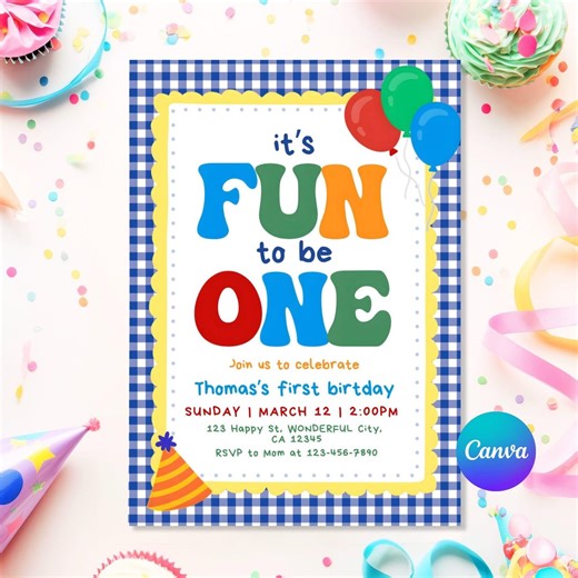 Fun to Be One Birthday Invitation, Colorful First Birthday Party, Editable Canva Template - Etsy