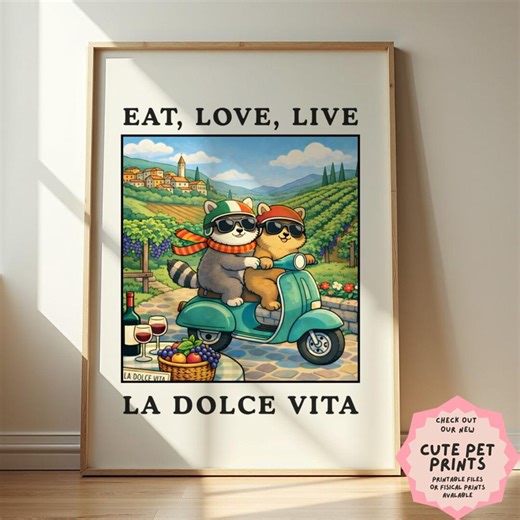 Eat Love Live La Dolce Vita Poster - Tuscany Italy Travel Print, Cute Animals Scooter Wall Art, Italian Vineyard Decor - Etsy