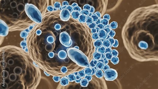 The pancreas during early metabolic imbalance, beta cells showing reduced pulsing and fewer insulin vesicles moving toward the membrane. Glucose particles accumulate outside, drifting in slow