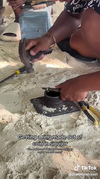 A custom ring made out of a coin (not Philippine pesos!) you can pick a design out of the 6 they have and will be made in 15 mins! For 2000 Philippine peso’s. We found them outside SHAKA on the beach #siquijor #philippines #ringmaking #beaches #travel