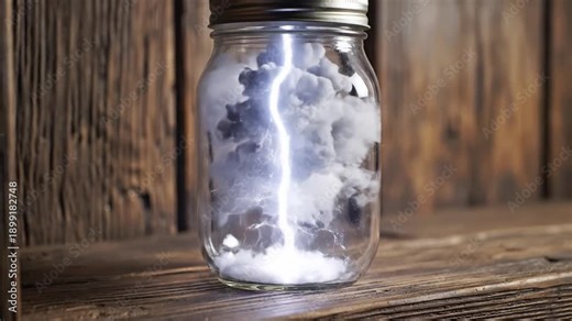 3D animation of a fluffy white cloud trapped inside a glass jar, crackling with miniature lightning bolts and electric sparks, representing captured energy, storm power, and creative imagination.