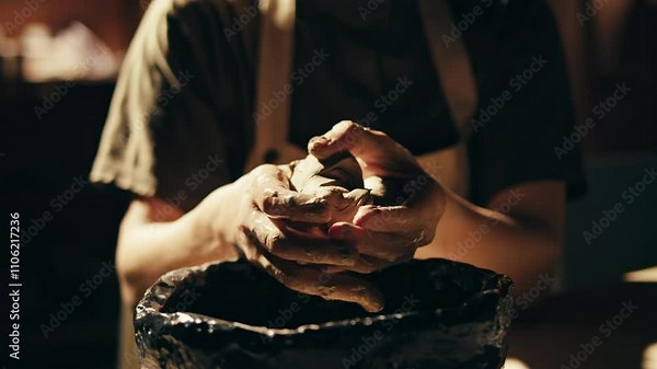 Woman potter works with clay on master class in studio. Working process in ceramic workshop. Potter making vase on pottery wheel. Handmade concept.